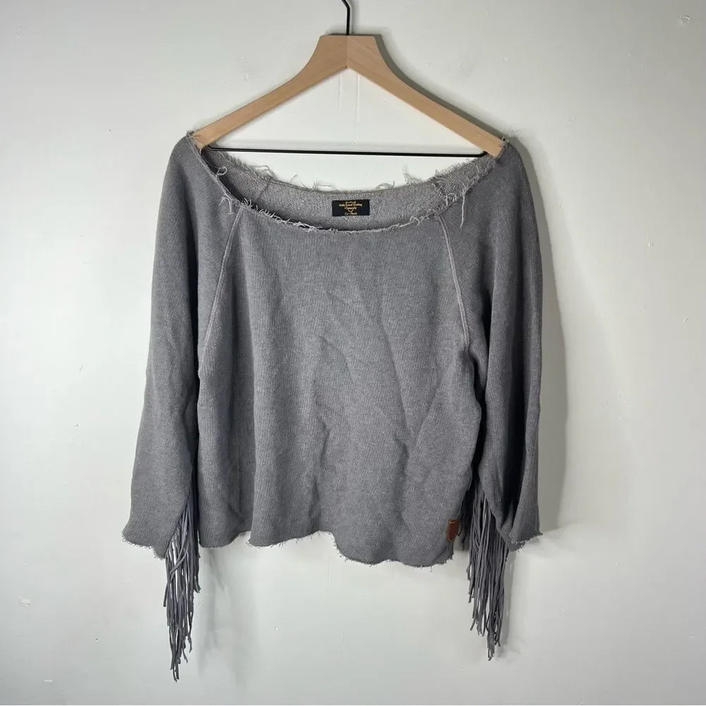 Hollywood Trading Company Gray Fringe Raw Hem Sweatshirt Large - Picture 4 of 12